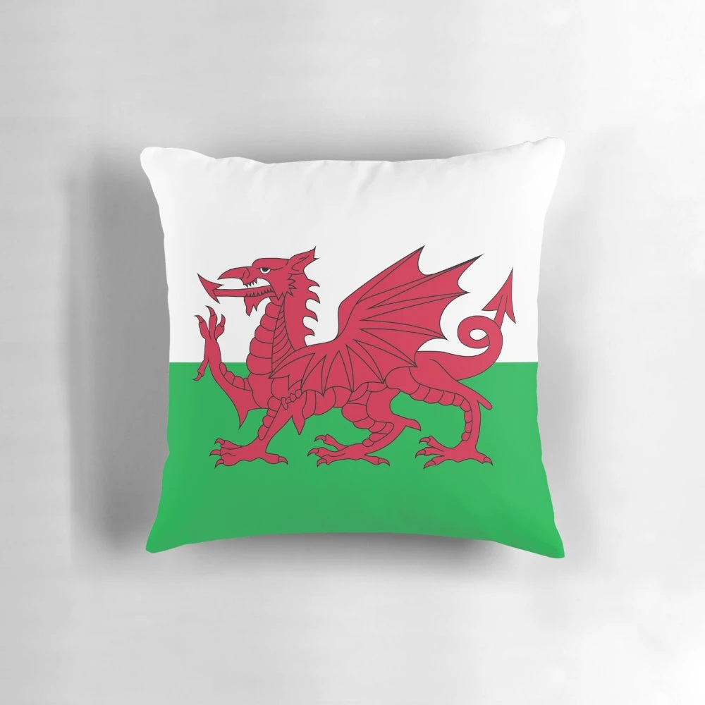 Decorative pillow featuring the iconic dragon and colors of the Welsh flag