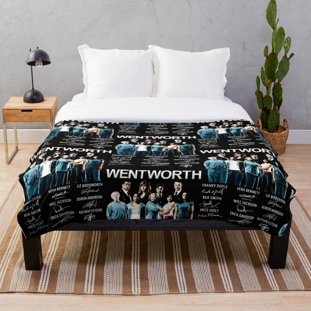 Plush blanket featuring signatures of Wentworth movie characters