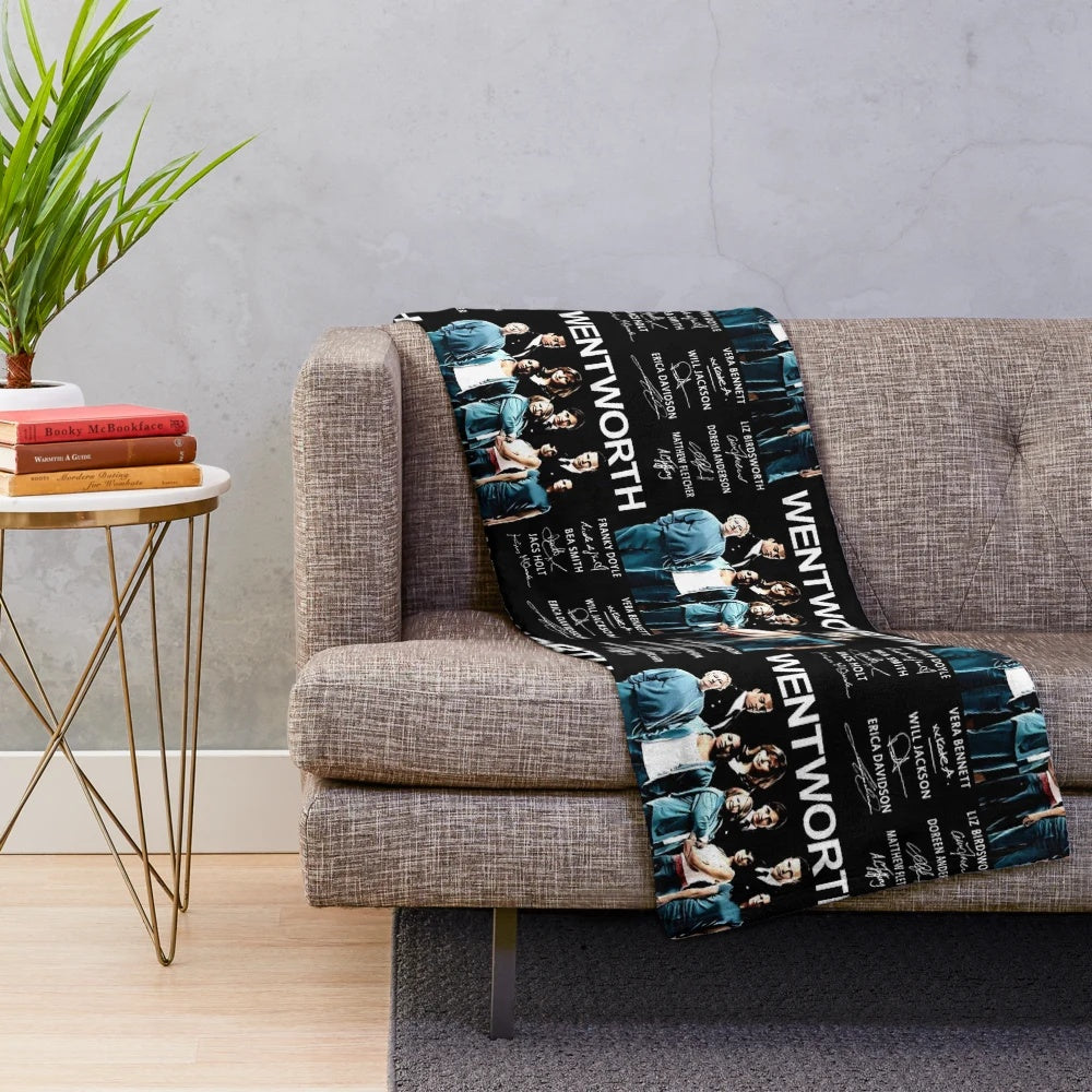 Plush blanket featuring signatures of Wentworth movie characters