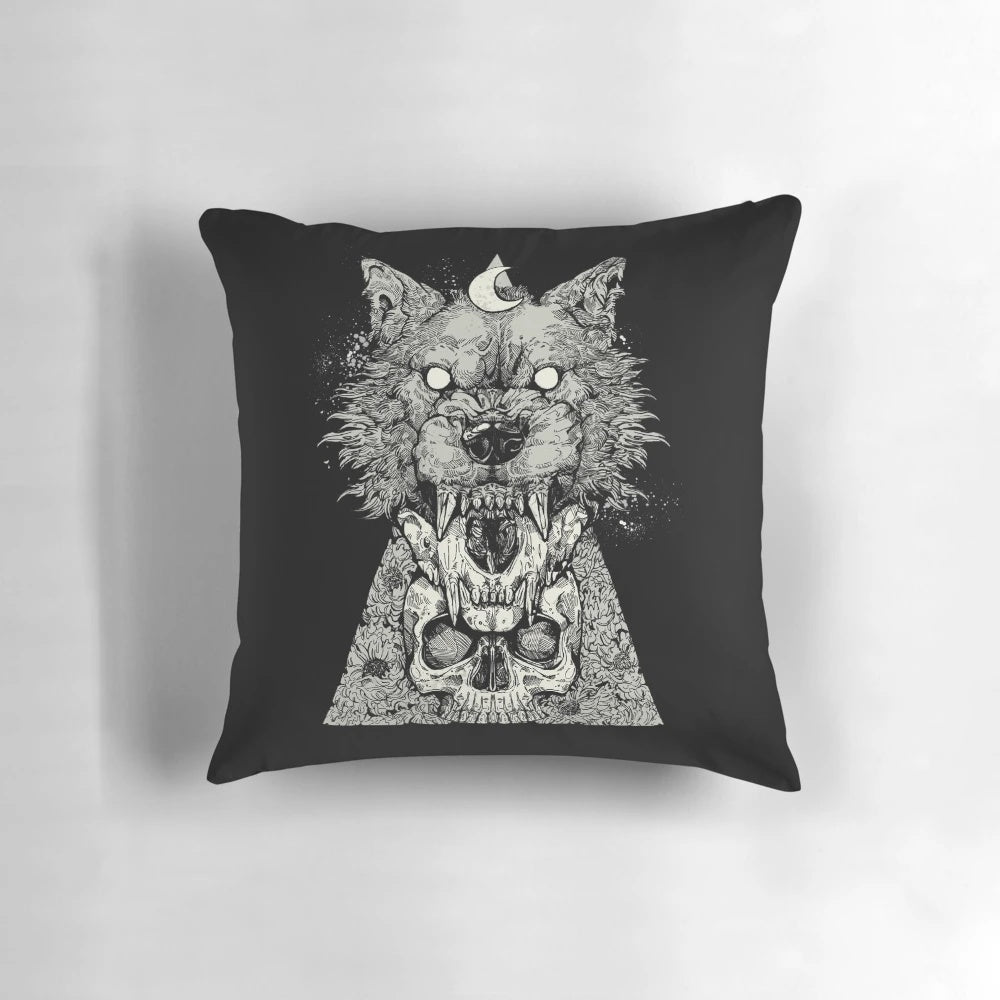 Black and white graphic pillow with a werewolf, skull, and ink design for a gothic home decor accent.