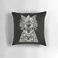Black and white graphic pillow with a werewolf, skull, and ink design for a gothic home decor accent.