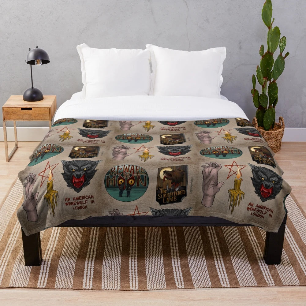 Werewolf plush blanket with tattoo-style design