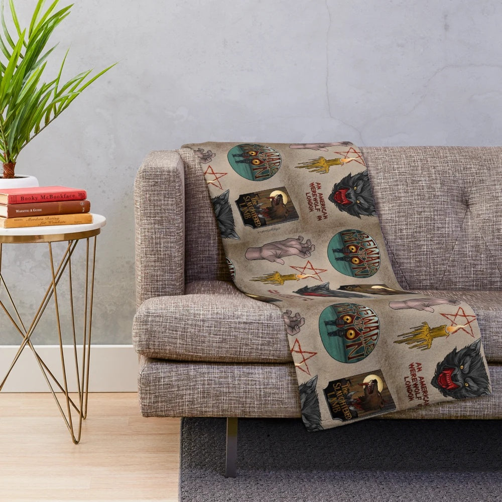 Werewolf plush blanket with tattoo-style design