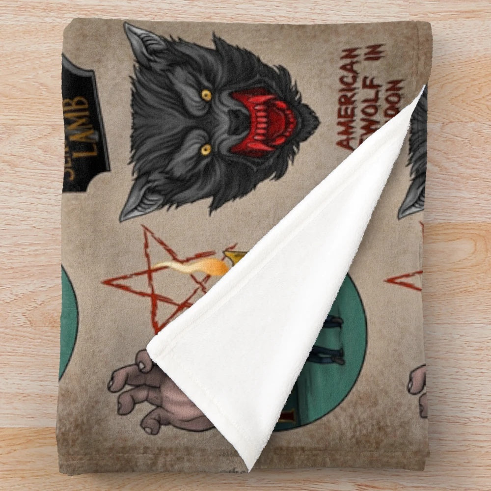 Werewolf plush blanket with tattoo-style design