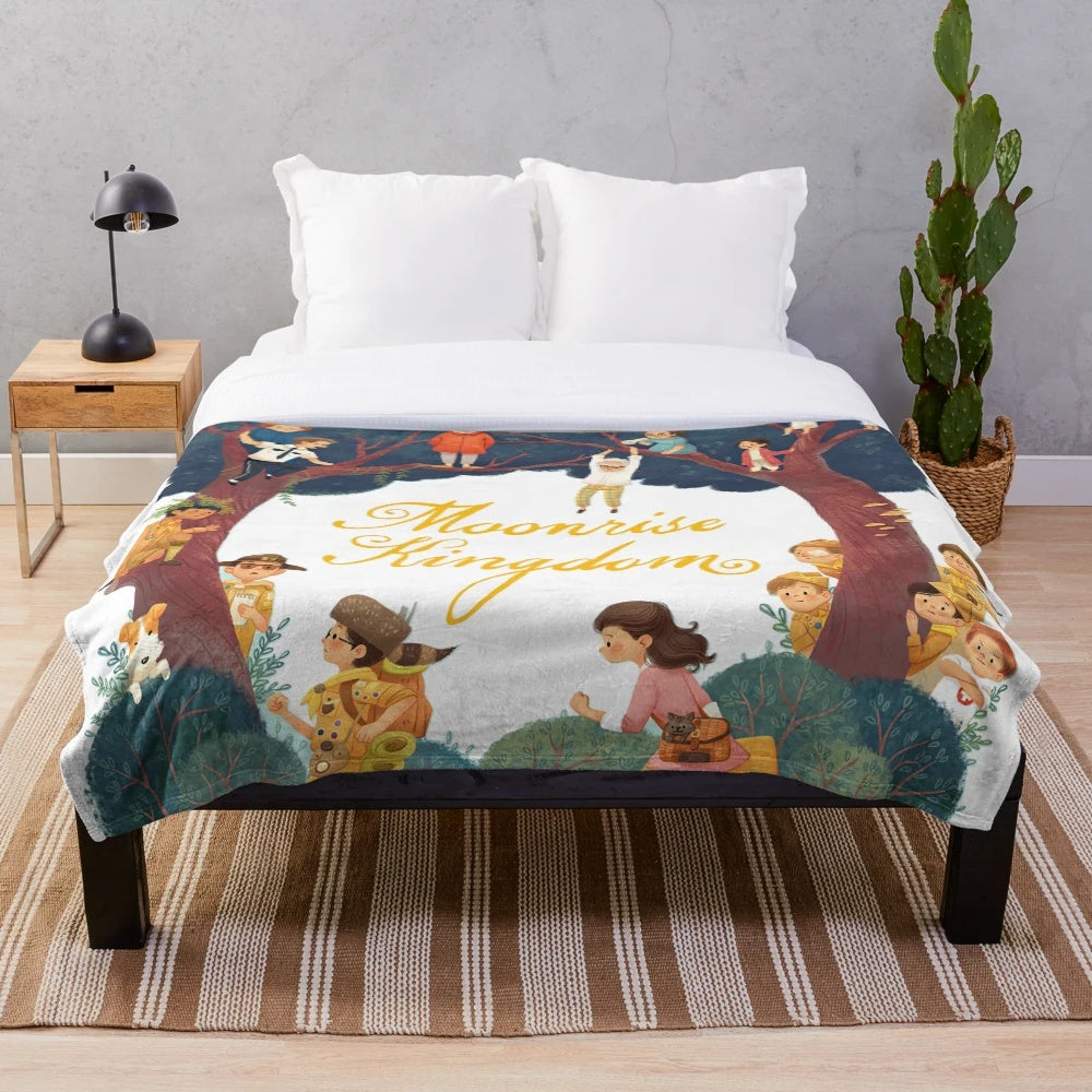 Moonrise Kingdom-inspired plush blanket with Wes Anderson film artwork