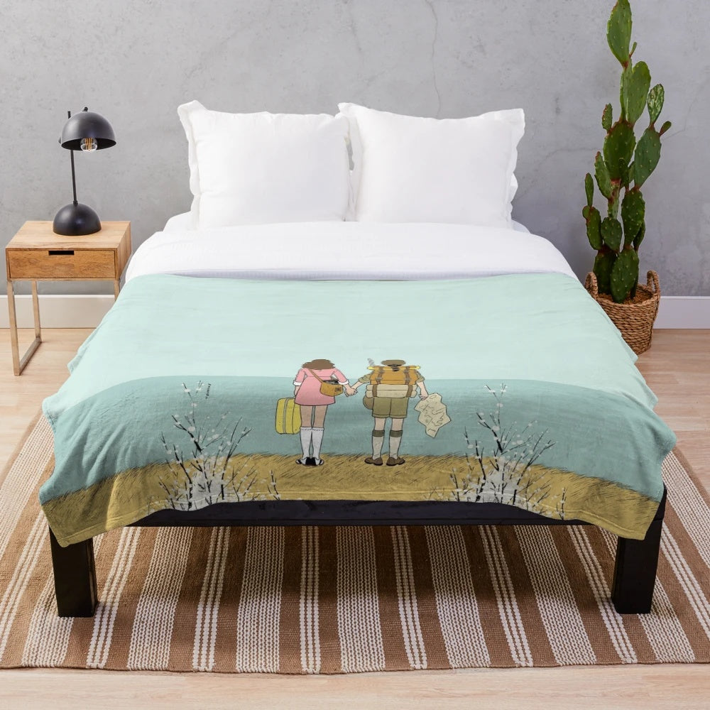 Wes Anderson inspired plush blanket with colorful graphic design