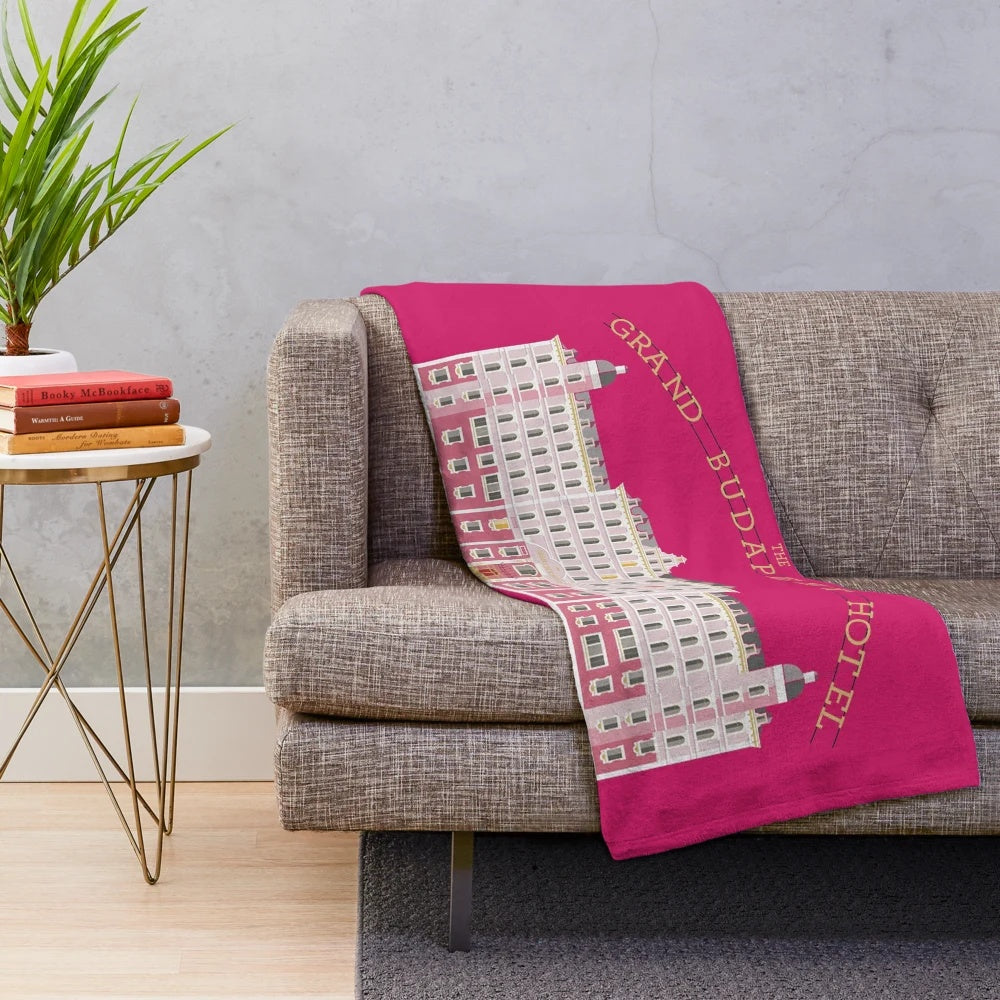 Wes Anderson inspired plush blanket featuring the Grand Budapest Hotel design