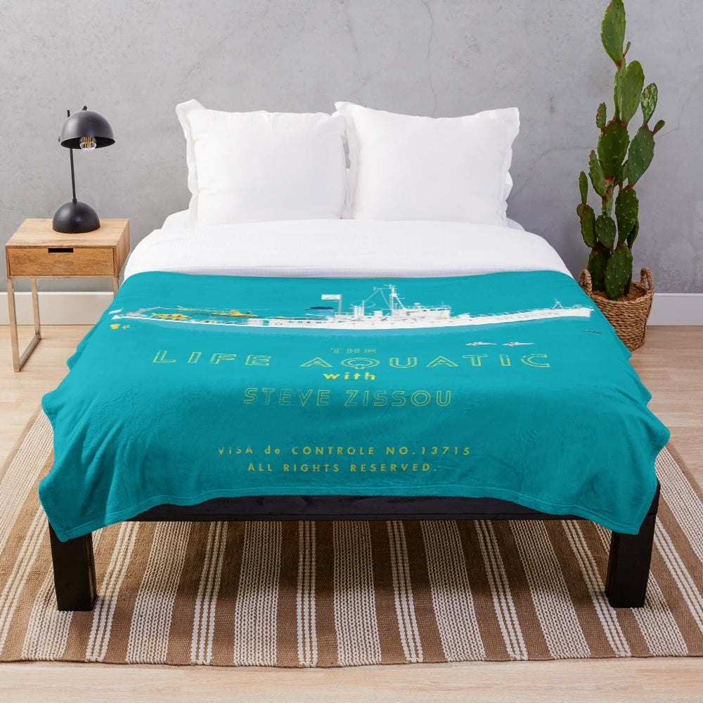 Plush blanket featuring characters and imagery from the Wes Anderson film 'The Life Aquatic with Steve Zissou