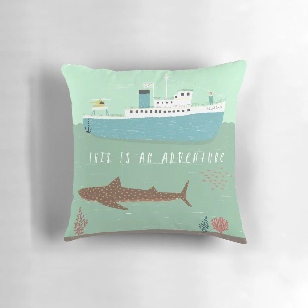 Wes Anderson-inspired 'The Life Aquatic' decorative pillow featuring Bill Murray and a boat