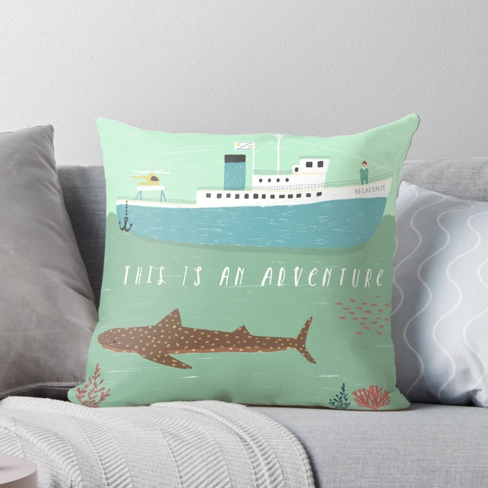Wes Anderson-inspired 'The Life Aquatic' decorative pillow featuring Bill Murray and a boat
