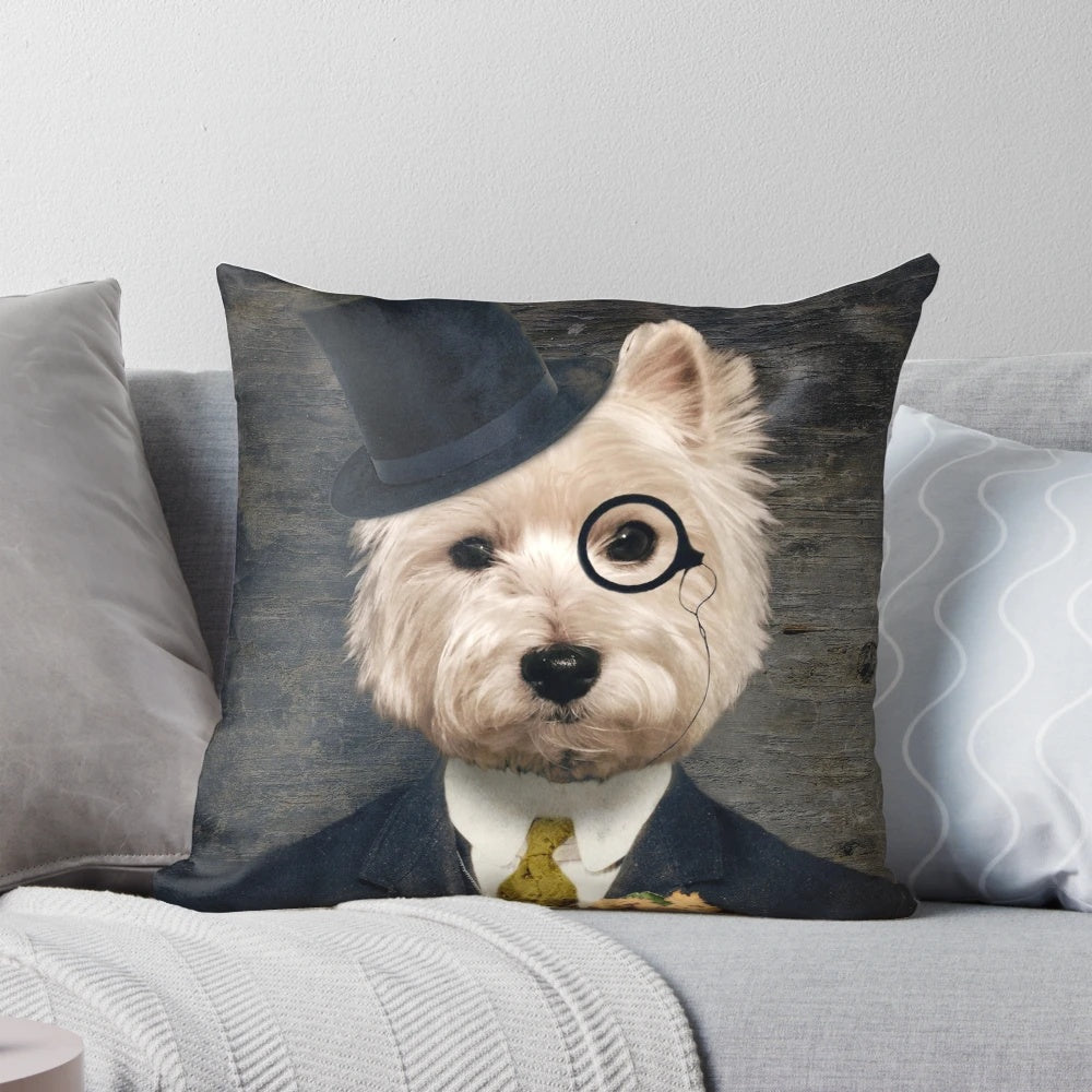 Westie dog wearing a monocle and top hat in a dark, whimsical pet portrait art design