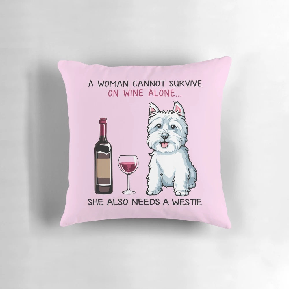 Adorable Westie dog pillow with humorous wine-themed design for dog lovers