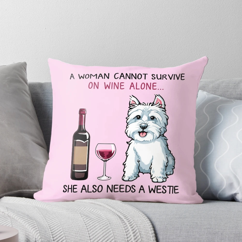 Adorable Westie dog pillow with humorous wine-themed design for dog lovers