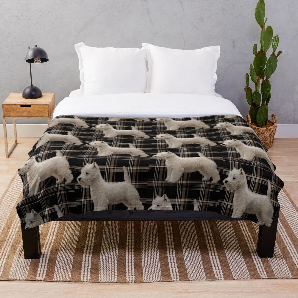 Westie-themed plush blanket with tartan pattern