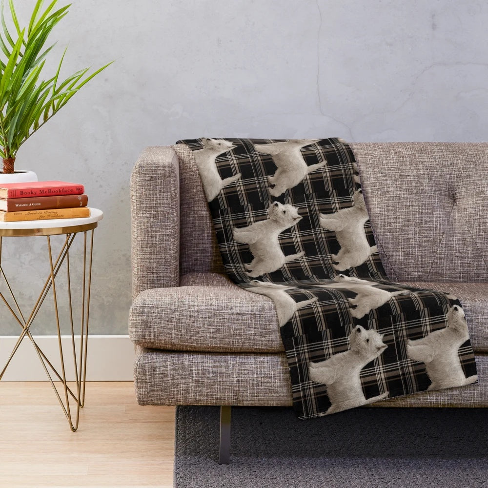 Westie-themed plush blanket with tartan pattern