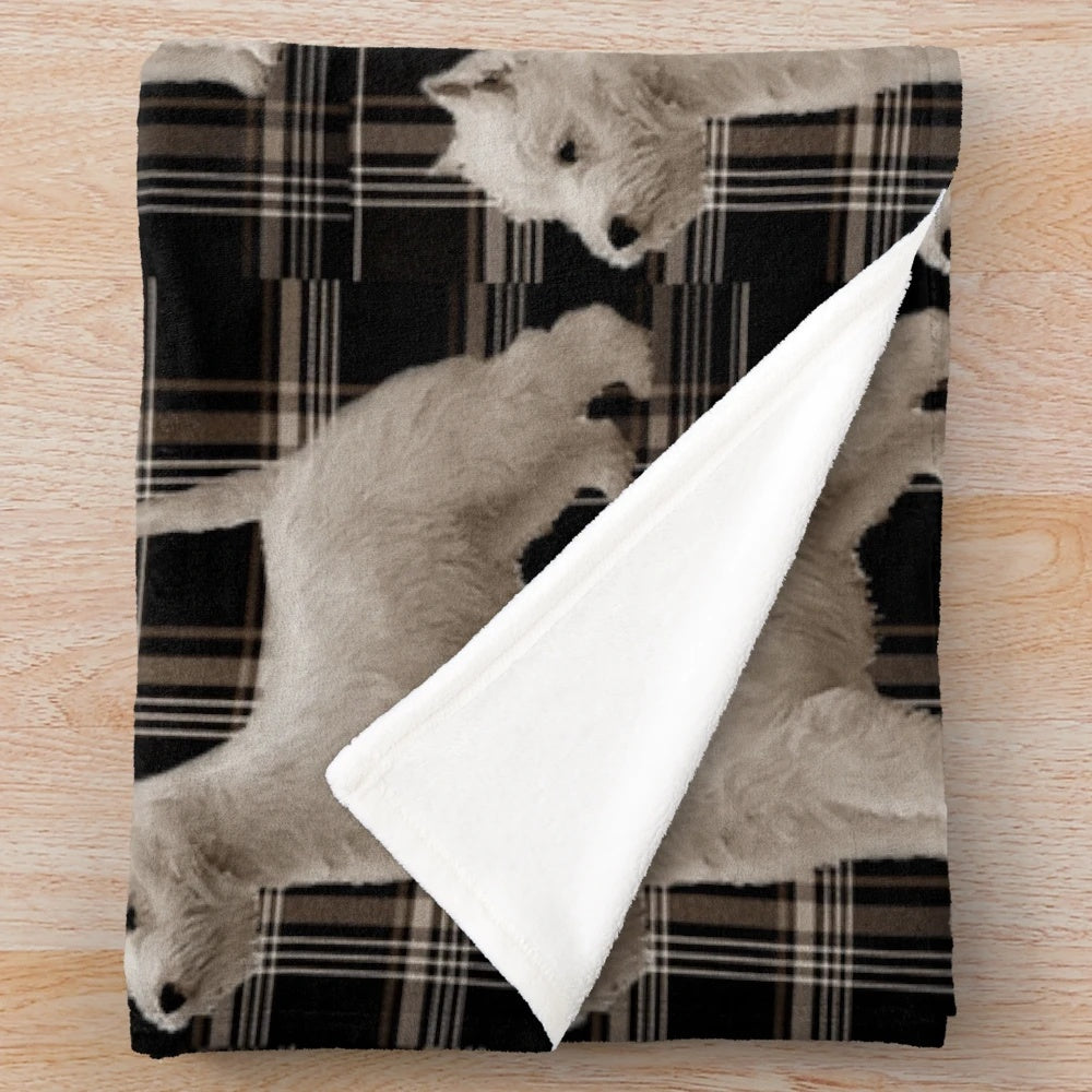 Westie-themed plush blanket with tartan pattern
