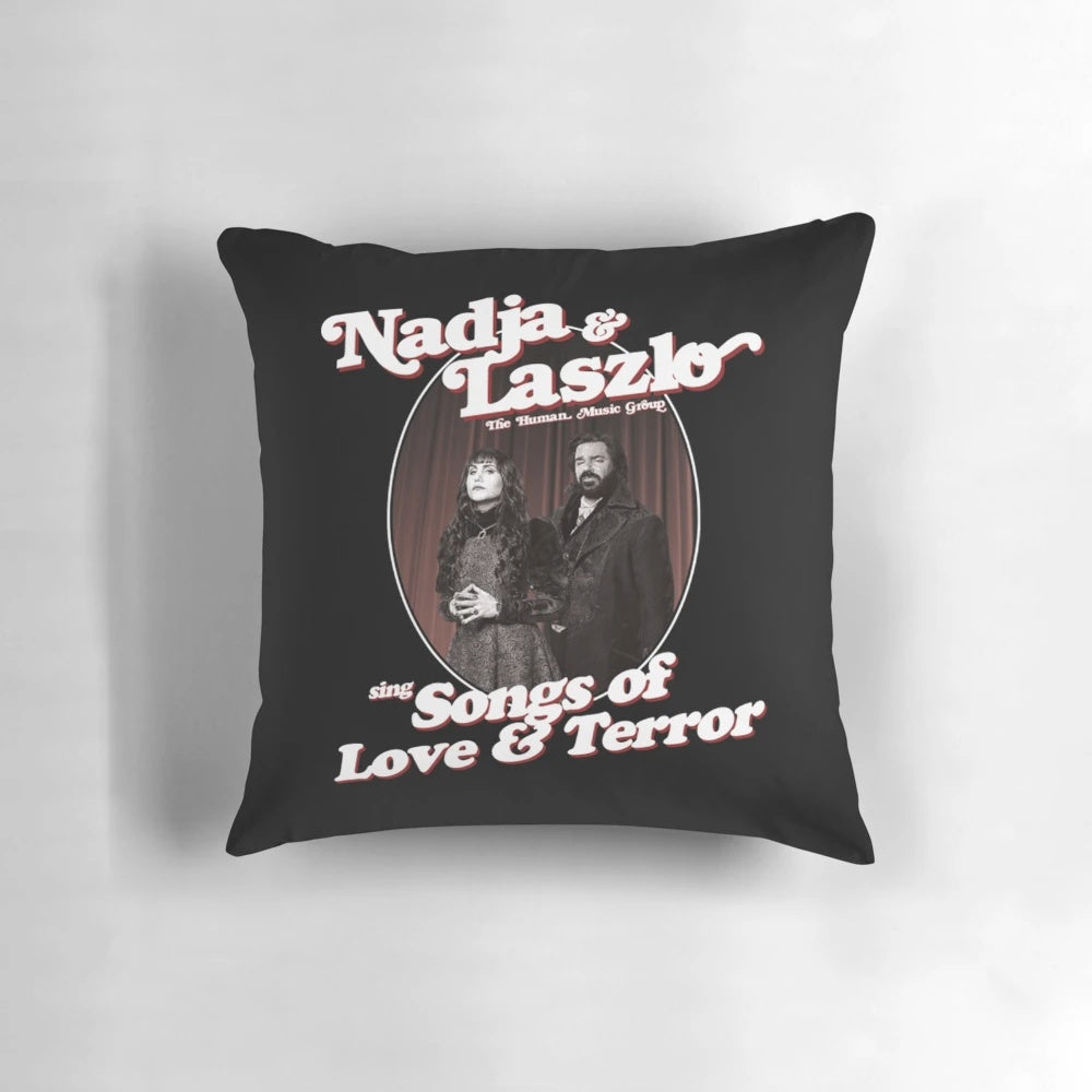 What We Do In The Shadows" themed throw pillow featuring energy vampire characters like Lazlo, Nadja, and Nandor.