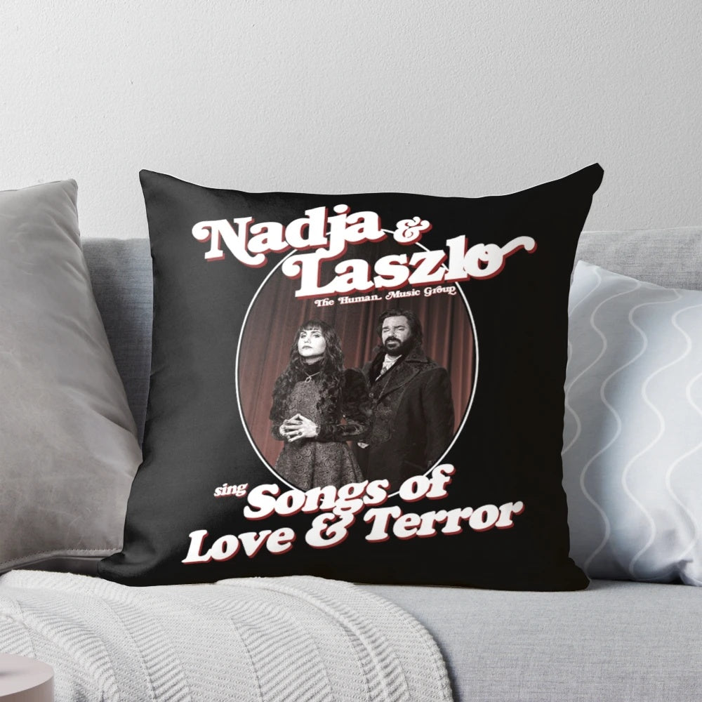What We Do In The Shadows" themed throw pillow featuring energy vampire characters like Lazlo, Nadja, and Nandor.