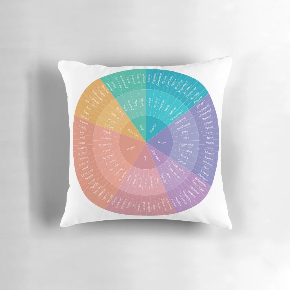 Wheel of Emotions Pillow, featuring a colorful design to help with emotion regulation and self-care.