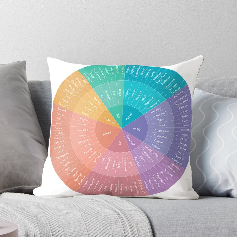 Wheel of Emotions Pillow, featuring a colorful design to help with emotion regulation and self-care.