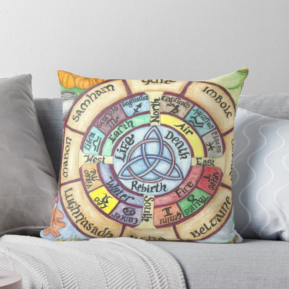 Colorful wheel of the year pillow with pagan and nature-inspired design