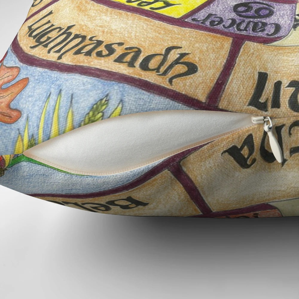 Colorful wheel of the year pillow with pagan and nature-inspired design