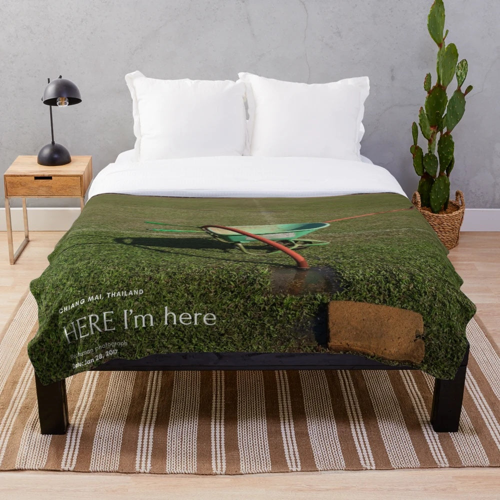 Wheelbarrow-inspired plush blanket for gardening and outdoor activities