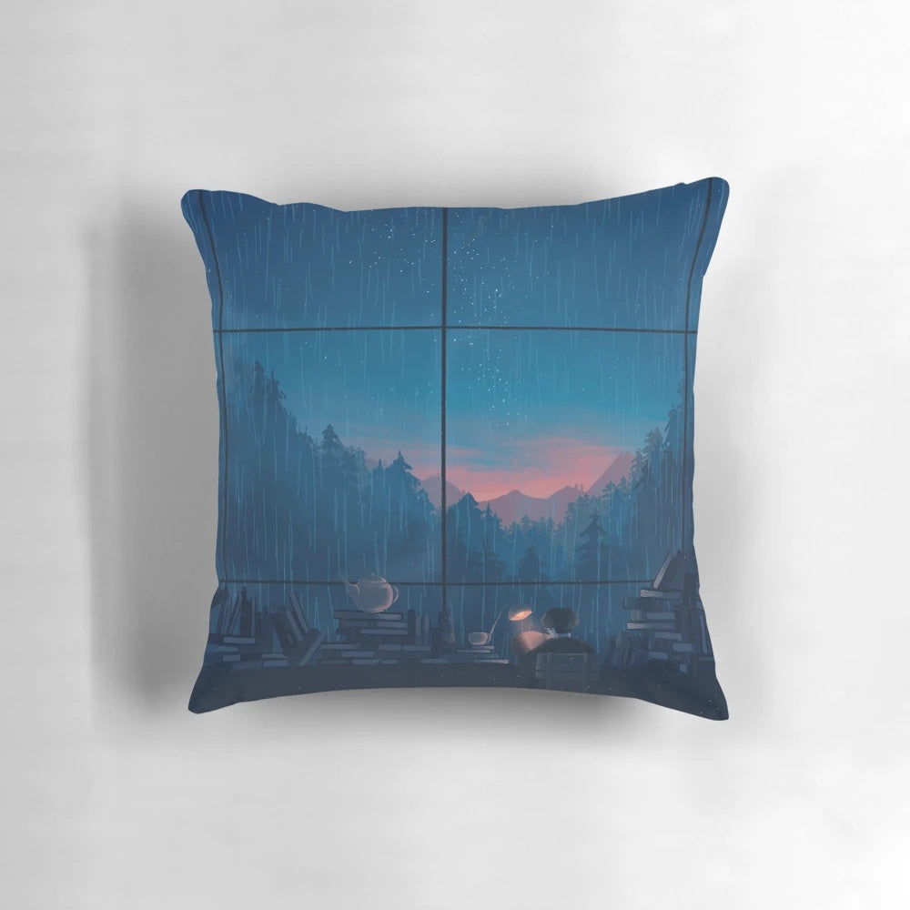 A cozy pillow featuring a serene mountain landscape with fog, trees, and sunlight at dawn.