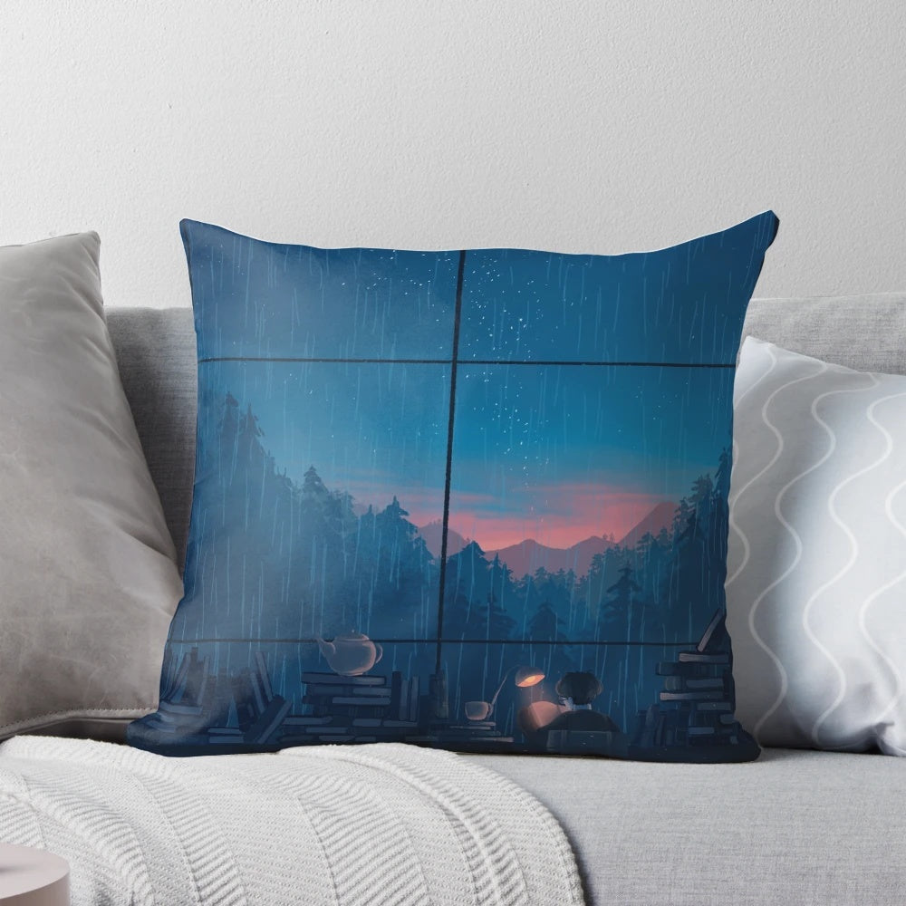 A cozy pillow featuring a serene mountain landscape with fog, trees, and sunlight at dawn.