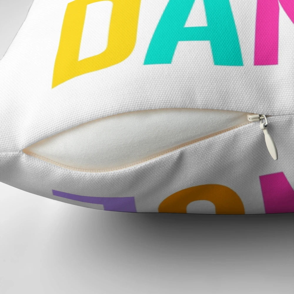 When In Doubt Dance!" decorative pillow with bold text and dancing silhouette graphic