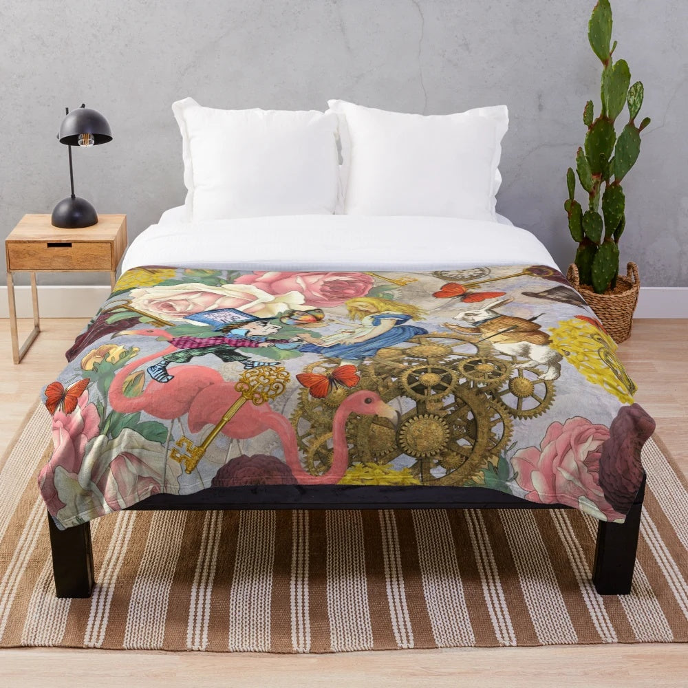 Colorful plush blanket featuring an Alice in Wonderland inspired collage design