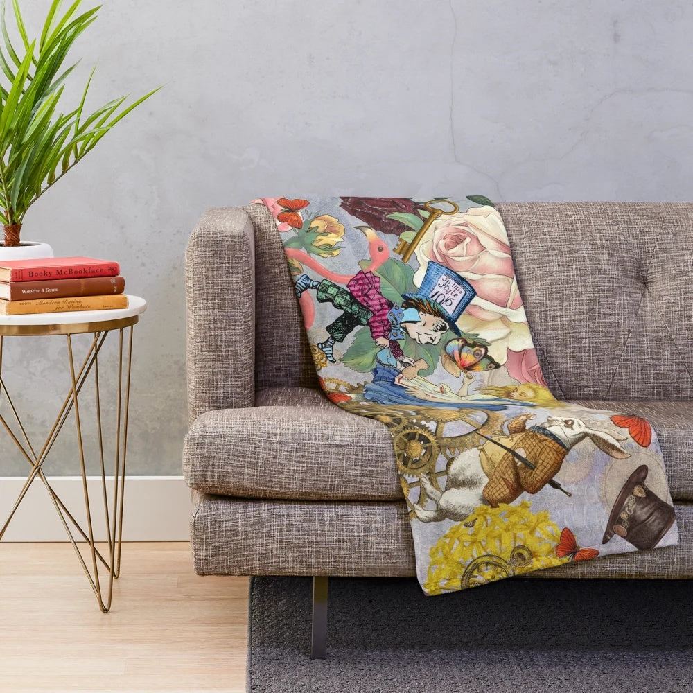 Colorful plush blanket featuring an Alice in Wonderland inspired collage design