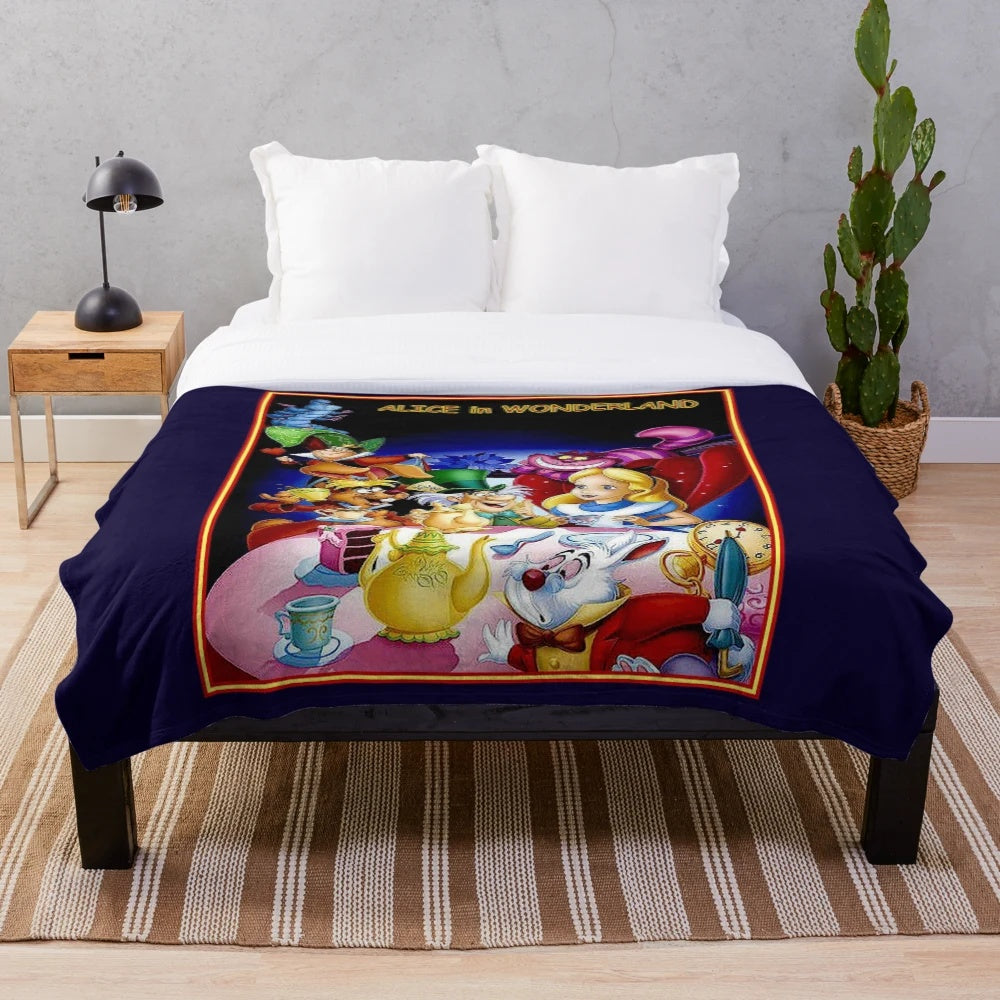 Colorful and surreal Alice in Wonderland inspired plush blanket