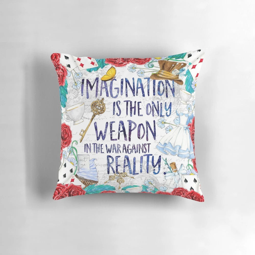 Alice in Wonderland inspired throw pillow featuring a magical quote about imagination