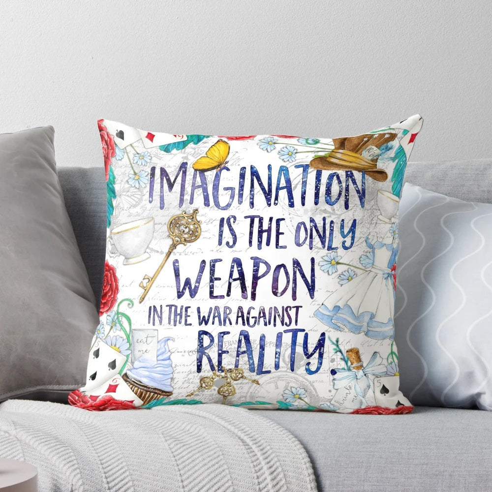 Alice in Wonderland inspired throw pillow featuring a magical quote about imagination