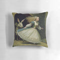 Decorative throw pillow featuring Alice, the Mad Hatter, and the White Rabbit from the classic fantasy tale Alice in Wonderland.