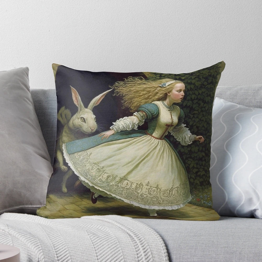 Decorative throw pillow featuring Alice, the Mad Hatter, and the White Rabbit from the classic fantasy tale Alice in Wonderland.