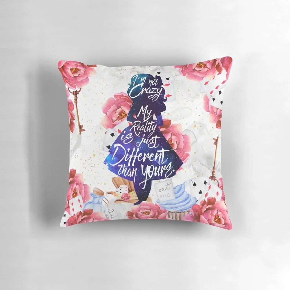 Decorative throw pillow featuring a quote from the classic Alice in Wonderland book