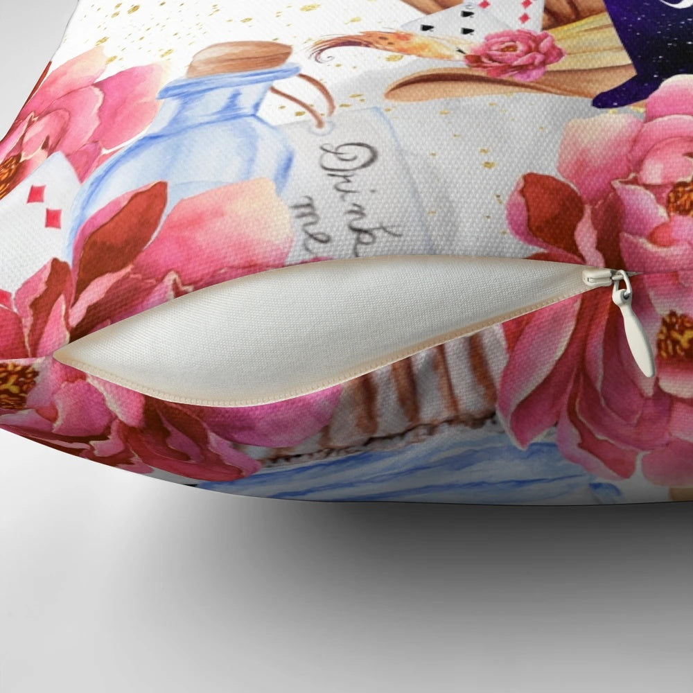 Decorative throw pillow featuring a quote from the classic Alice in Wonderland book