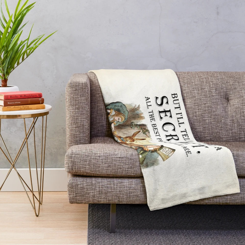Alice in Wonderland inspired plush blanket with "You're Entirely Bonkers" quote