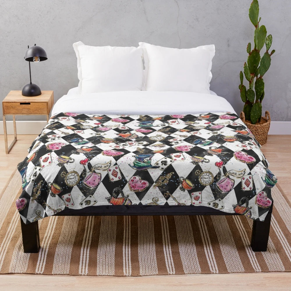 Whimsical Alice in Wonderland inspired plush blanket featuring trippy, psychedelic designs and cheshire cat, mad hatter elements