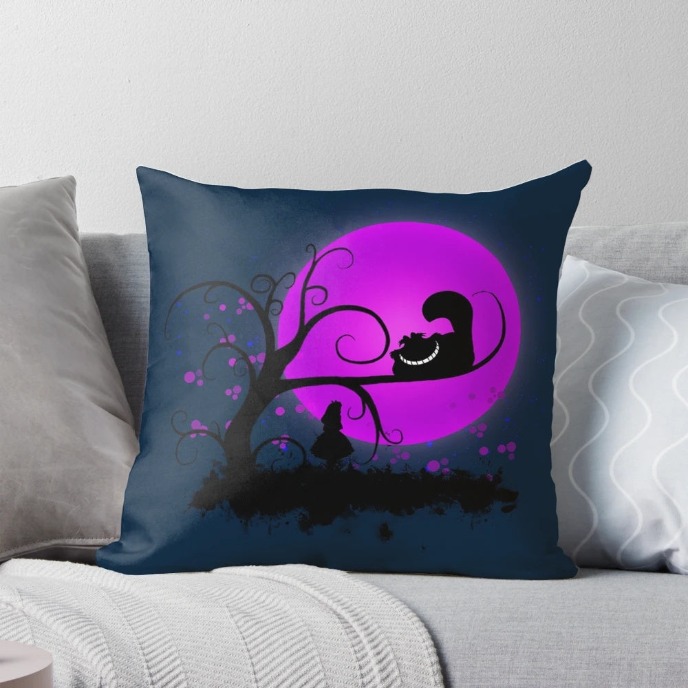 Soft, colorful pillow featuring the classic Alice in Wonderland scene with the Cheshire Cat.