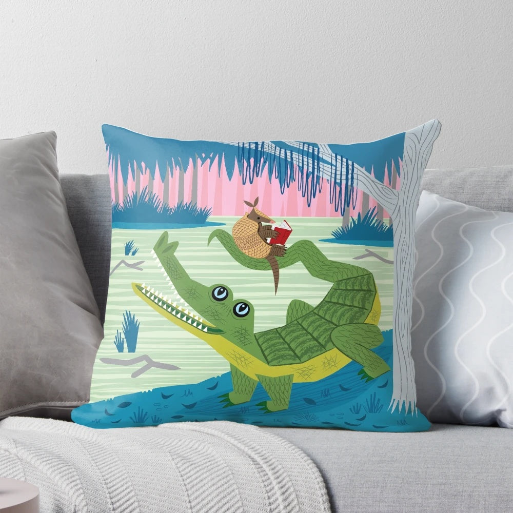 Colorful illustration of an alligator and armadillo on a plush, comfortable children's pillow