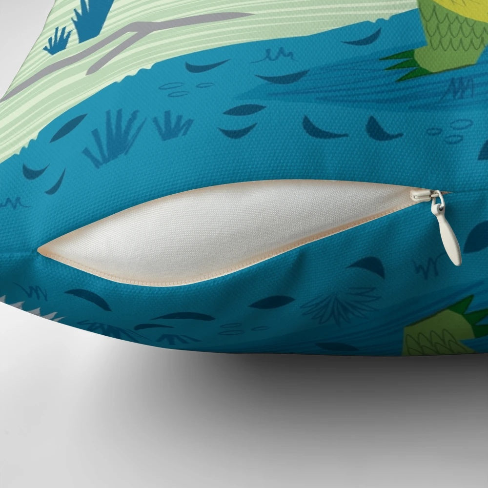 Colorful illustration of an alligator and armadillo on a plush, comfortable children's pillow