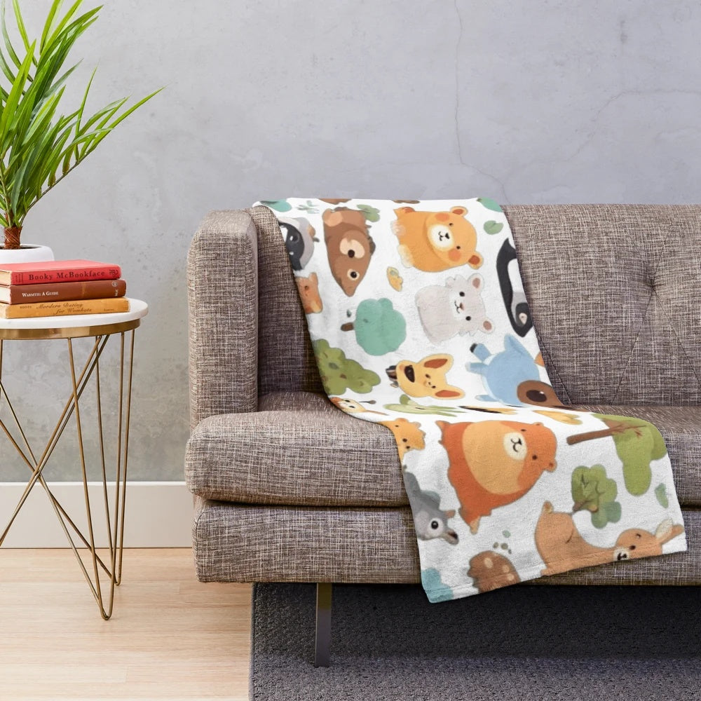 Whimsical animal plush blanket featuring cute and funny animal designs