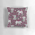 Whimsical watercolor painting of baby elephants and egret birds on a burgundy red throw pillow