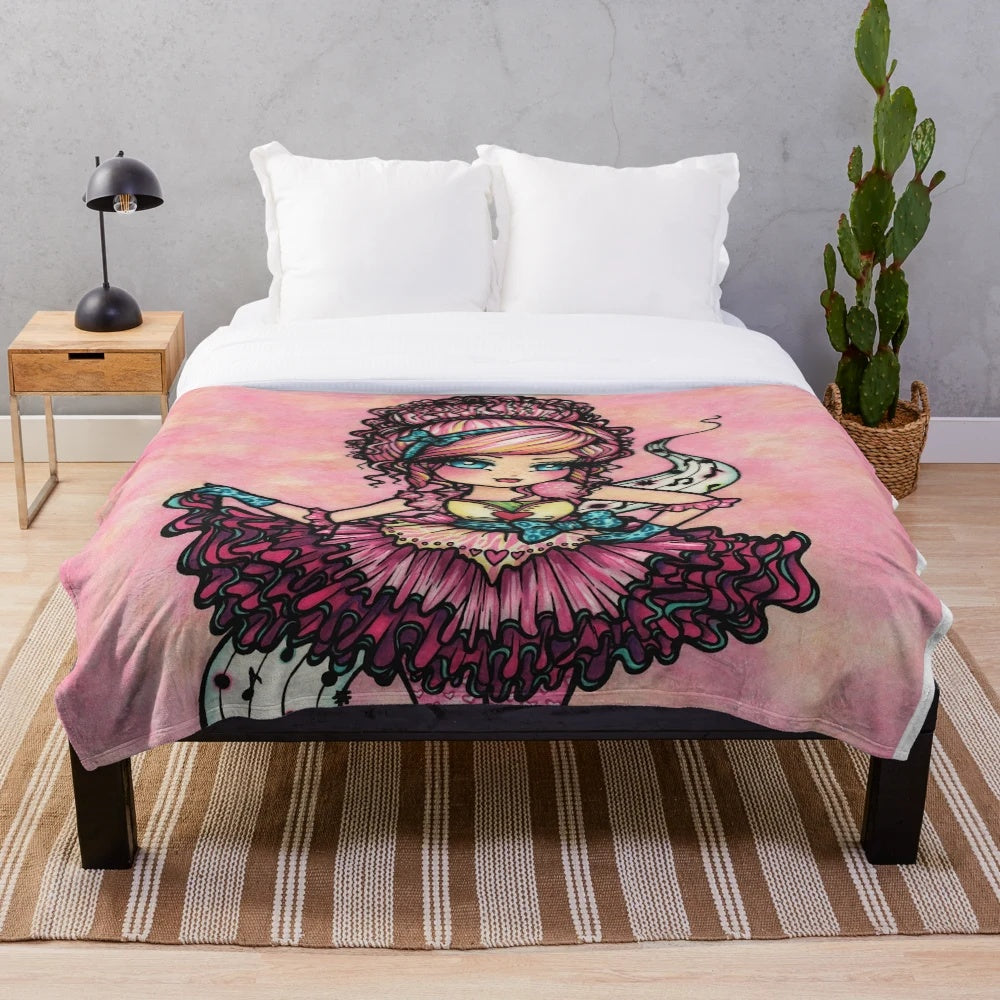 Whimsical ballet-inspired plush blanket with pink fantasy art and musical design
