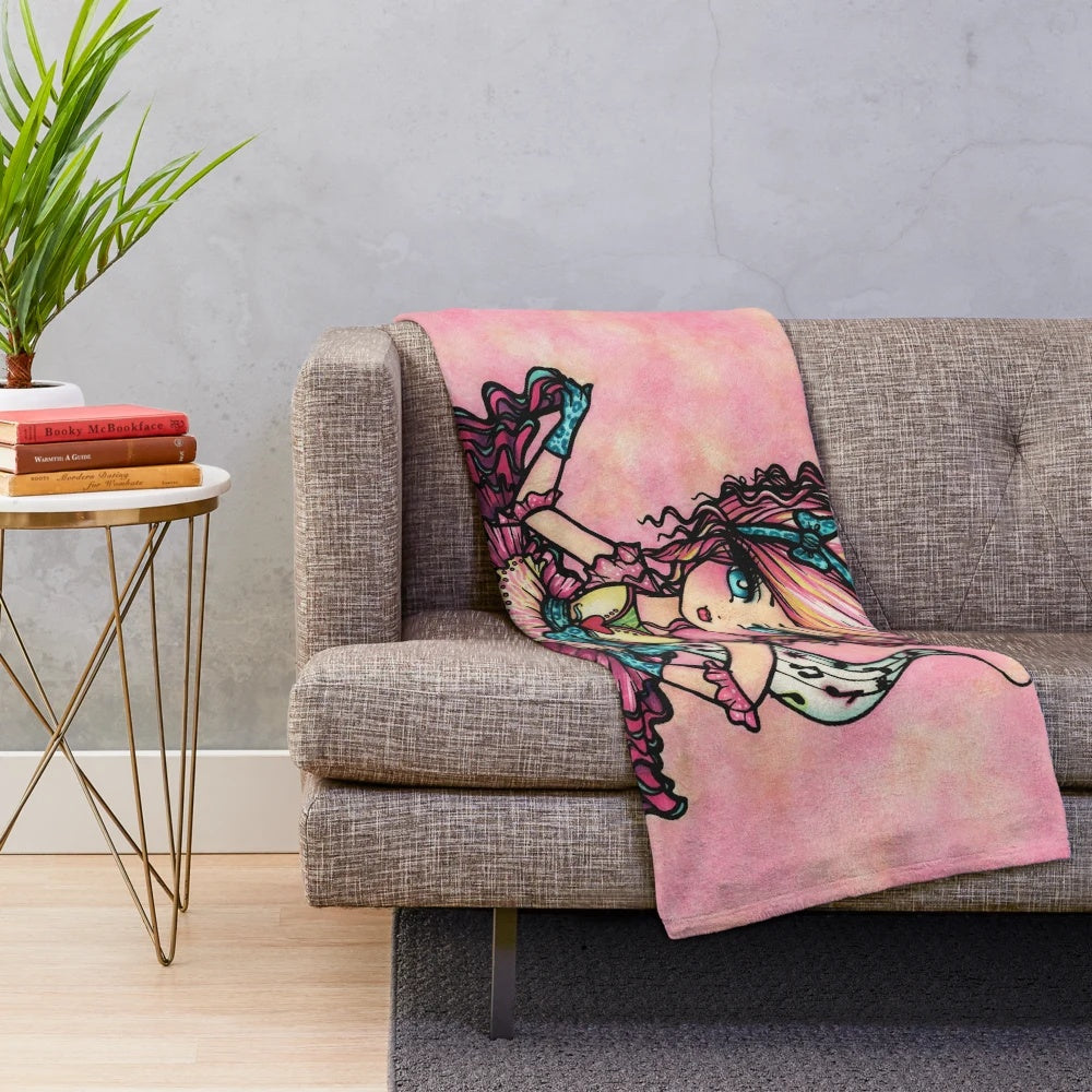 Whimsical ballet-inspired plush blanket with pink fantasy art and musical design