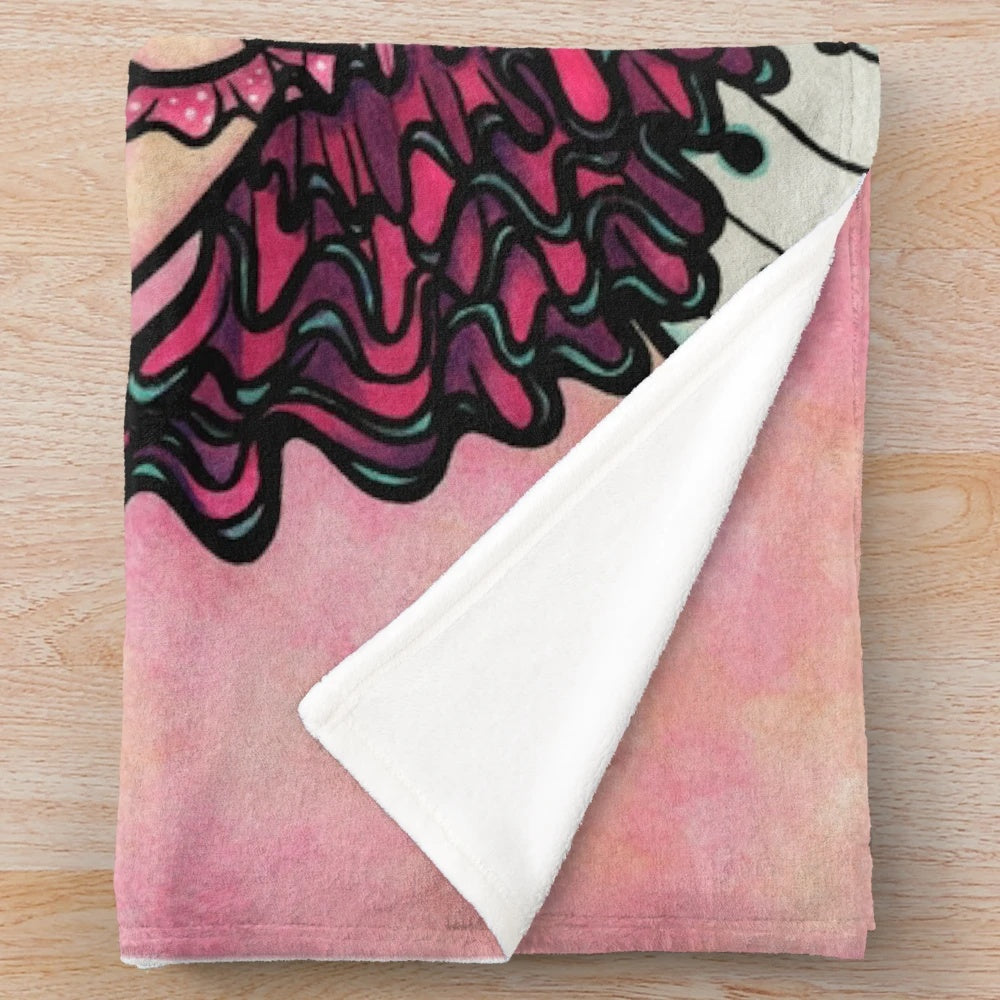 Whimsical ballet-inspired plush blanket with pink fantasy art and musical design