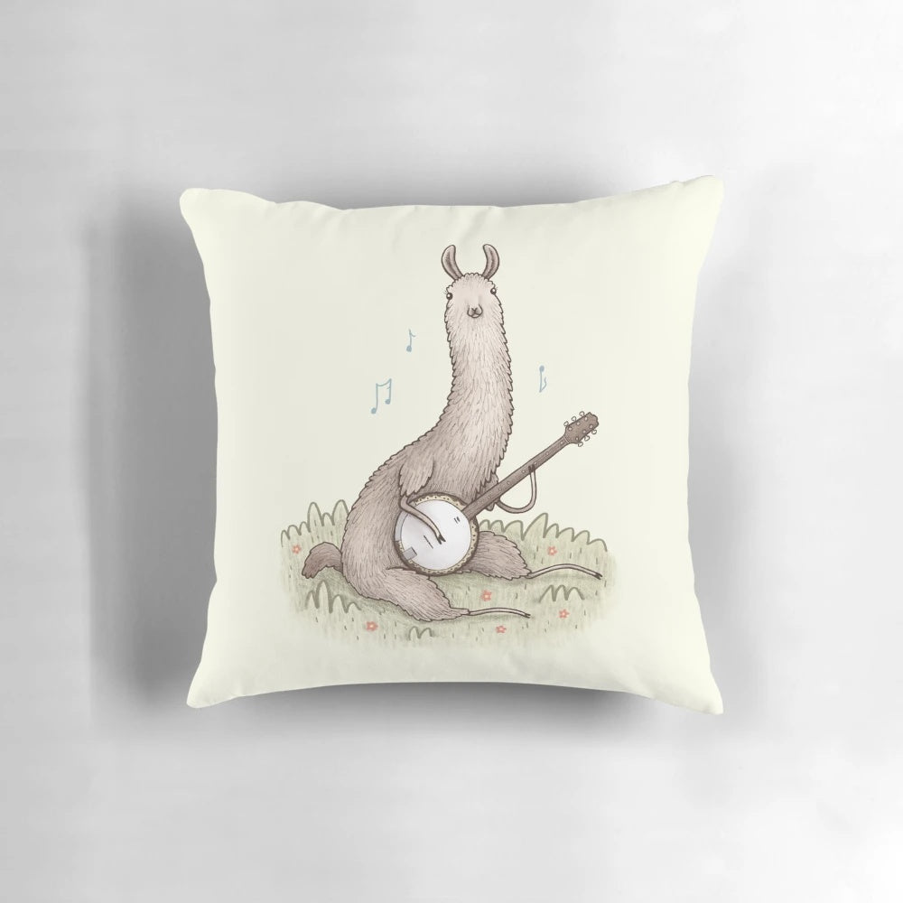 A colorful, whimsical pillow featuring a llama playing a banjo, perfect for adding a touch of musical charm to any space.